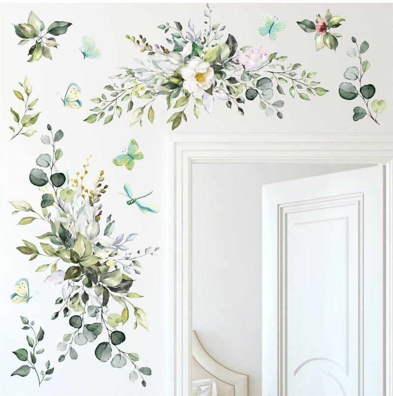 HATARU Large Green Leaves Wall Decals Modren Plant Wall Decals Peel and Stick Decals Rustic Leaves Wall Art Murals Boho Butterflies Flower Hanging Vines Wall Stickers for Living Room Bedroom Bathroom Decor - Image 2