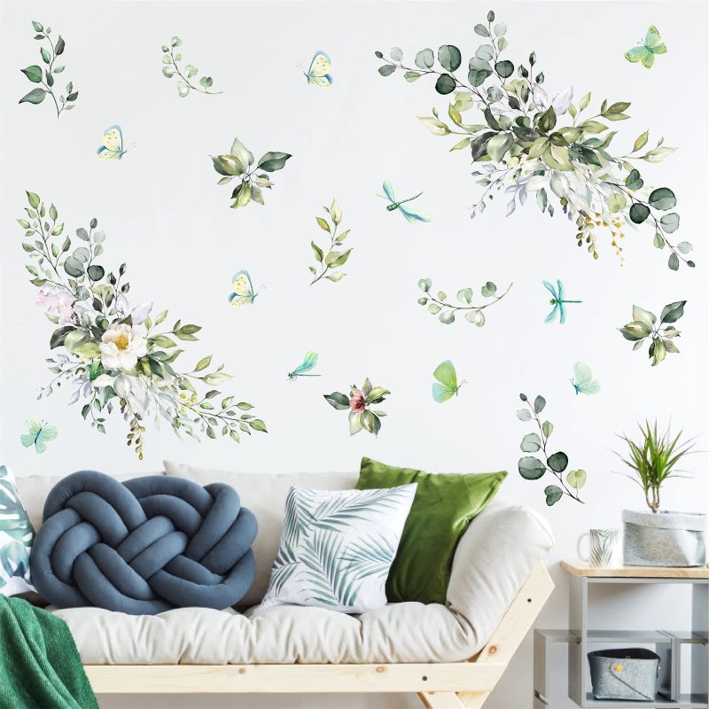 HATARU Large Green Leaves Wall Decals Modren Plant Wall Decals Peel and Stick Decals Rustic Leaves Wall Art Murals Boho Butterflies Flower Hanging Vines Wall Stickers for Living Room Bedroom Bathroom Decor - Image 5
