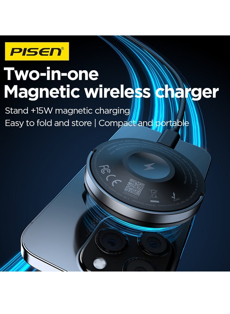 Pisen 2 in 1 15W Magnetic Wireless Charger for iPhone 16/15/14/13 Pro Max Wireless Bluetooth Headphones and Smartwatches With Type C Cable 1.2M - Image 2