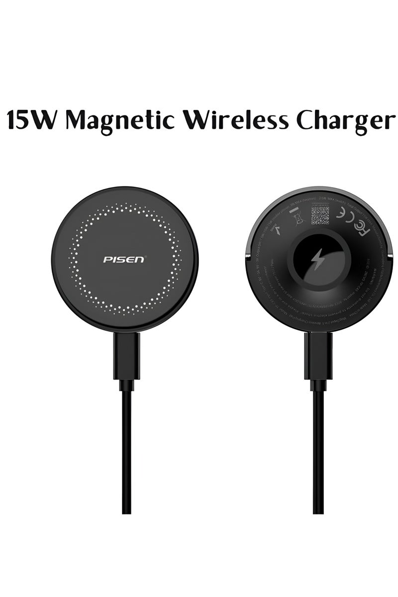 Pisen 2 in 1 15W Magnetic Wireless Charger for iPhone 16/15/14/13 Pro Max Wireless Bluetooth Headphones and Smartwatches With Type C Cable 1.2M - Image 1