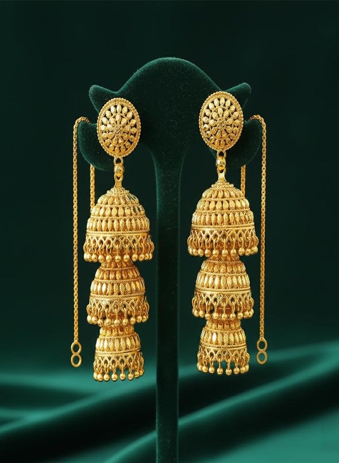 JFL - Jewellery for Less 1gram Gold Plated 3-Layer Traditional Golden Stylish Jhumkas Set for Women & Girls (Gold/yellow) - Image 2