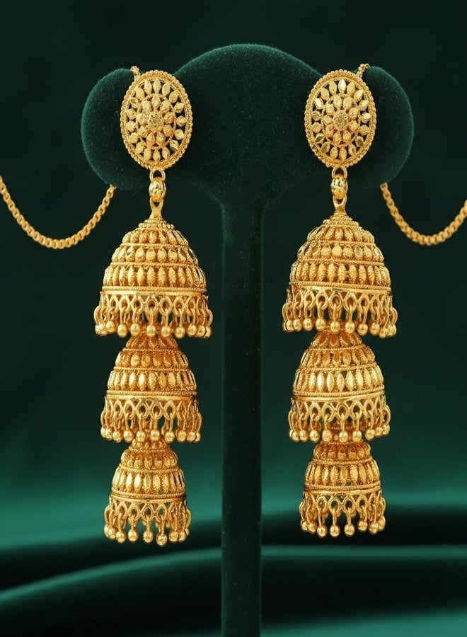 JFL - Jewellery for Less 1gram Gold Plated 3-Layer Traditional Golden Stylish Jhumkas Set for Women & Girls (Gold/yellow) - Image 3