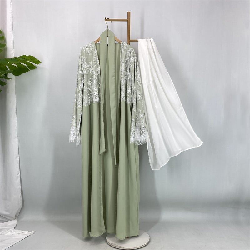Noon Cross-Border Fashion Lace Trimned Cardigan with Headscarf - Model Abaya - Image 1