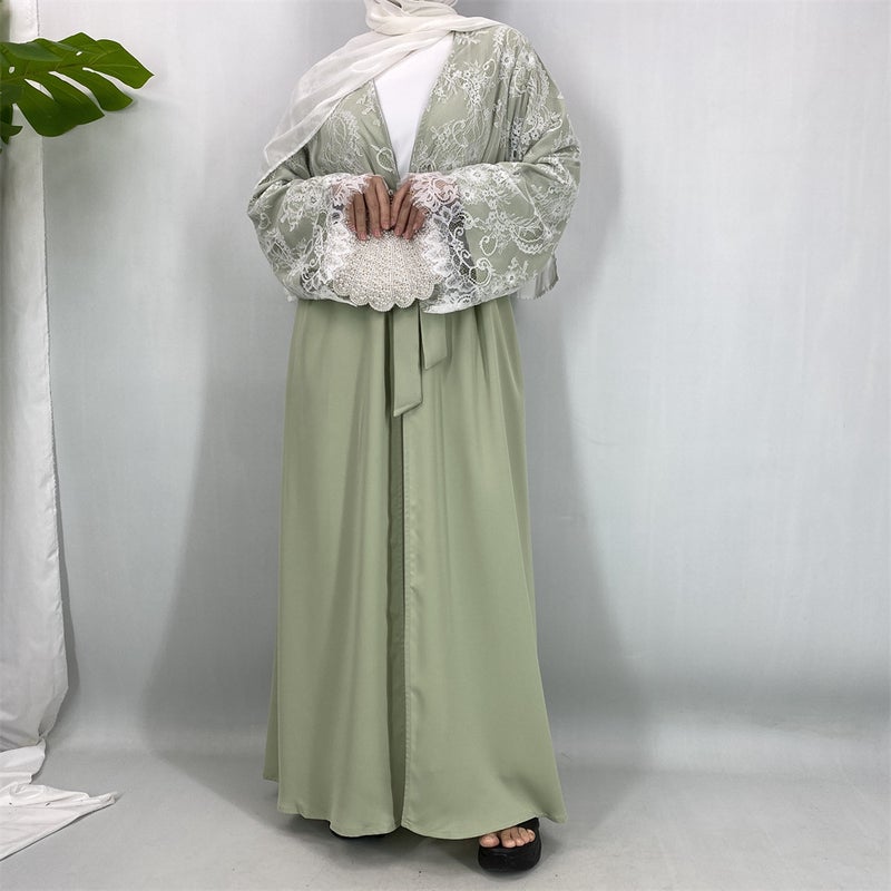 Noon Cross-Border Fashion Lace Trimned Cardigan with Headscarf - Model Abaya - Image 3