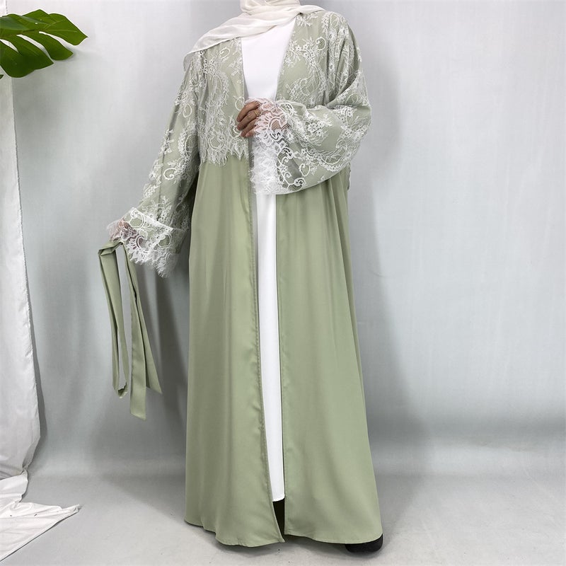 Noon Cross-Border Fashion Lace Trimned Cardigan with Headscarf - Model Abaya - Image 4