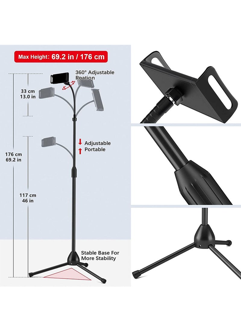 Tripod Stand Phone Holder Adjustable 360 Swivel Pad Lazy Stand Holder Bracket Floor Rack Black for 3.5'' to 12.5'' Tablet Phone, iPad(1PC)