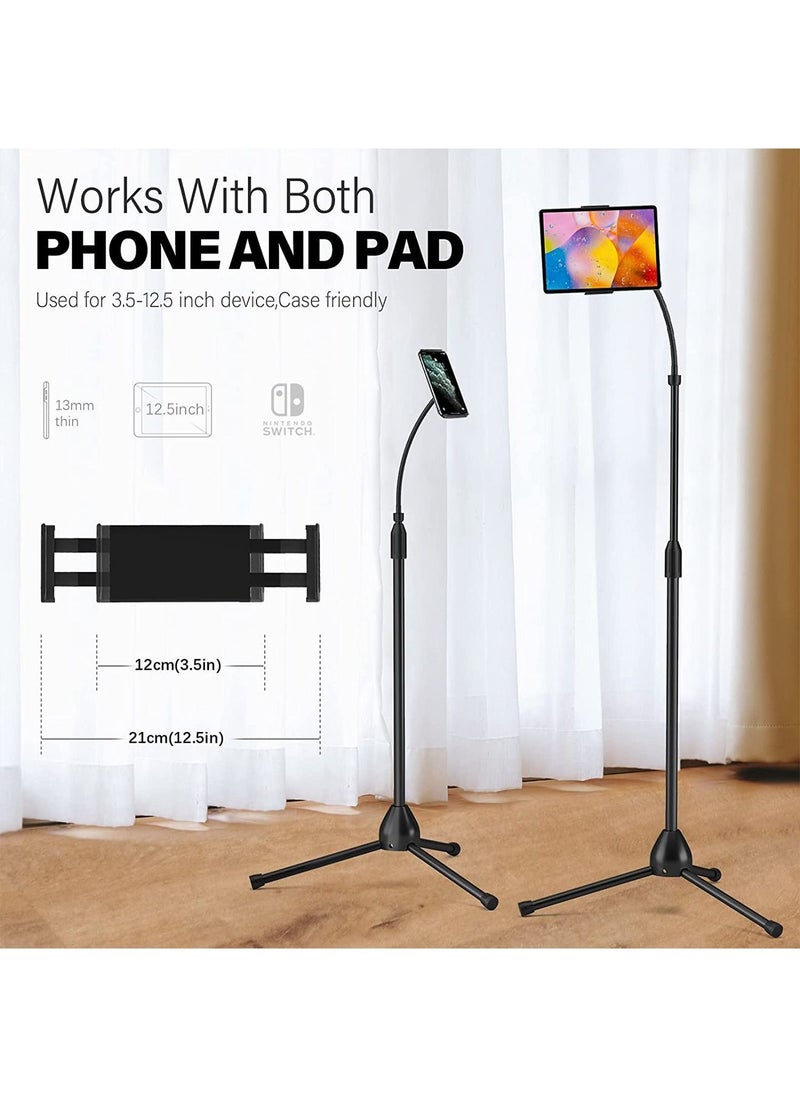 Tripod Stand Phone Holder Adjustable 360 Swivel Pad Lazy Stand Holder Bracket Floor Rack Black for 3.5'' to 12.5'' Tablet Phone, iPad(1PC)