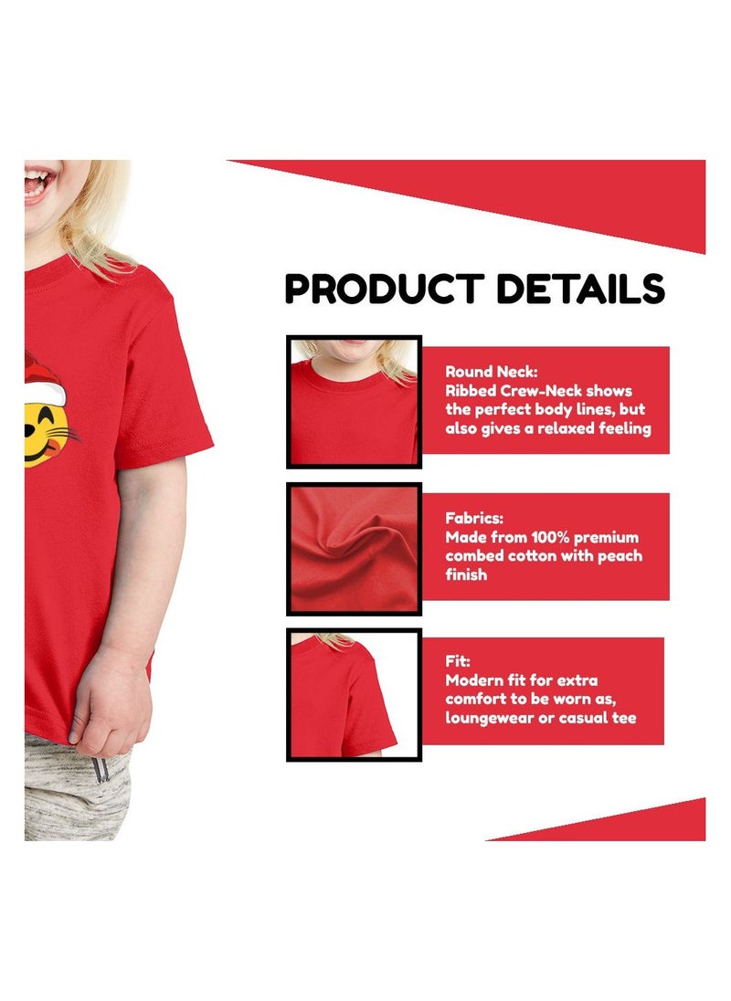 PRINTSHOP4ME - Christmas Emoji Kids Red T-Shirt For Girls–Soft Cotton Round Neck Short Sleeve T-Shirt With Smiley Face Emoji–Great For Parties - Image 1