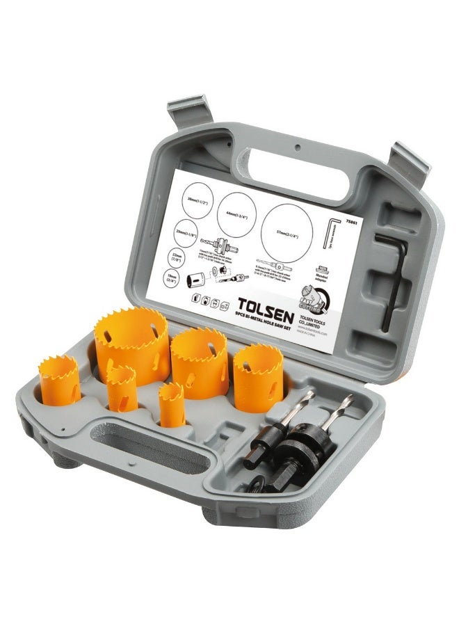 Tolsen 75861 9PCS Bi-Metal Hole Saw Set – HSS Hole Cutter Kit with Arbors & Adapter for Wood, PVC, Plastic, Drywall & Thin Metal - Image 1