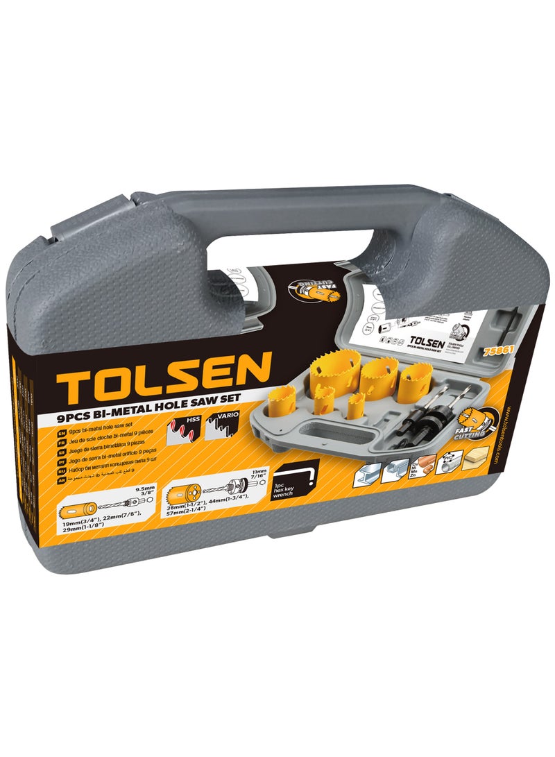 Tolsen 75861 9PCS Bi-Metal Hole Saw Set – HSS Hole Cutter Kit with Arbors & Adapter for Wood, PVC, Plastic, Drywall & Thin Metal - Image 2