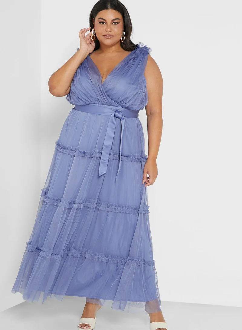 Anaya with Love Curve Plunge Neck Ruffle Detail Dress