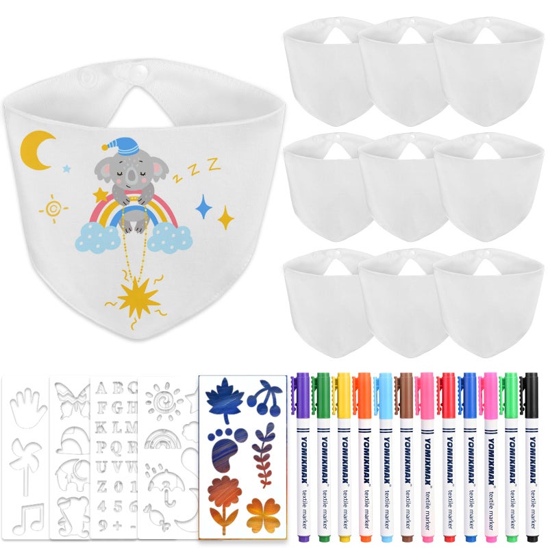 b.box Faburo Baby Bibs for Painting - Pack of 10 Double-Sided Cotton Bibs with 1 Bottle Opener and 12 Textile Pens for Baby Shower - Image 1