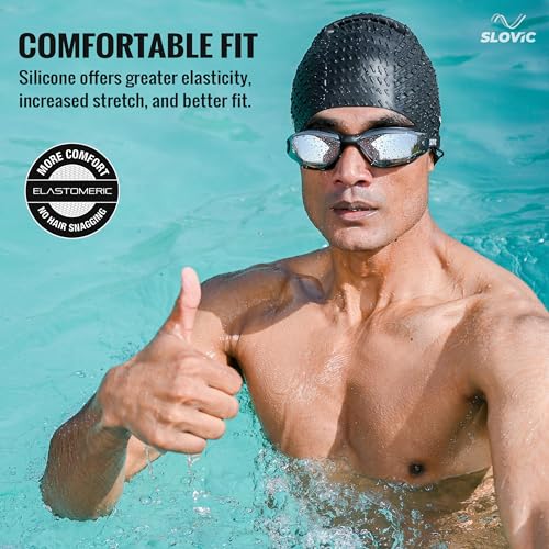 Slovic Swimming Cap for Men & Women [Black] | Swimming Caps for Women with Long Hair | Swimming Accessories for Men & Women | Unisex & Waterproof Silicon Cap to Prevent Chemical Damage | Free Size - Image 3