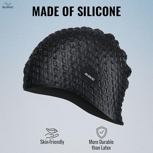 Slovic Swimming Cap for Men & Women [Black] | Swimming Caps for Women with Long Hair | Swimming Accessories for Men & Women | Unisex & Waterproof Silicon Cap to Prevent Chemical Damage | Free Size - Image 4