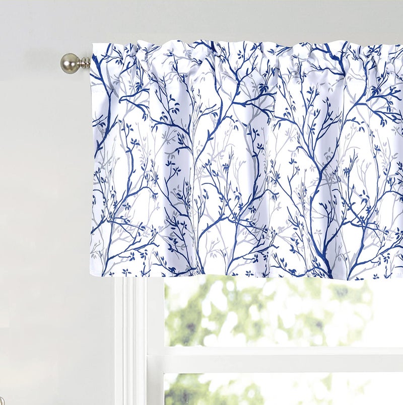 Annlaite Tree Branch Abstract Ink Printing Floral Flower Window Curtain Valance for Living Room/Bedroom/Kitchen/Kids Rod Pocket 52 by 18 Inch Gray/Blue - Image 1