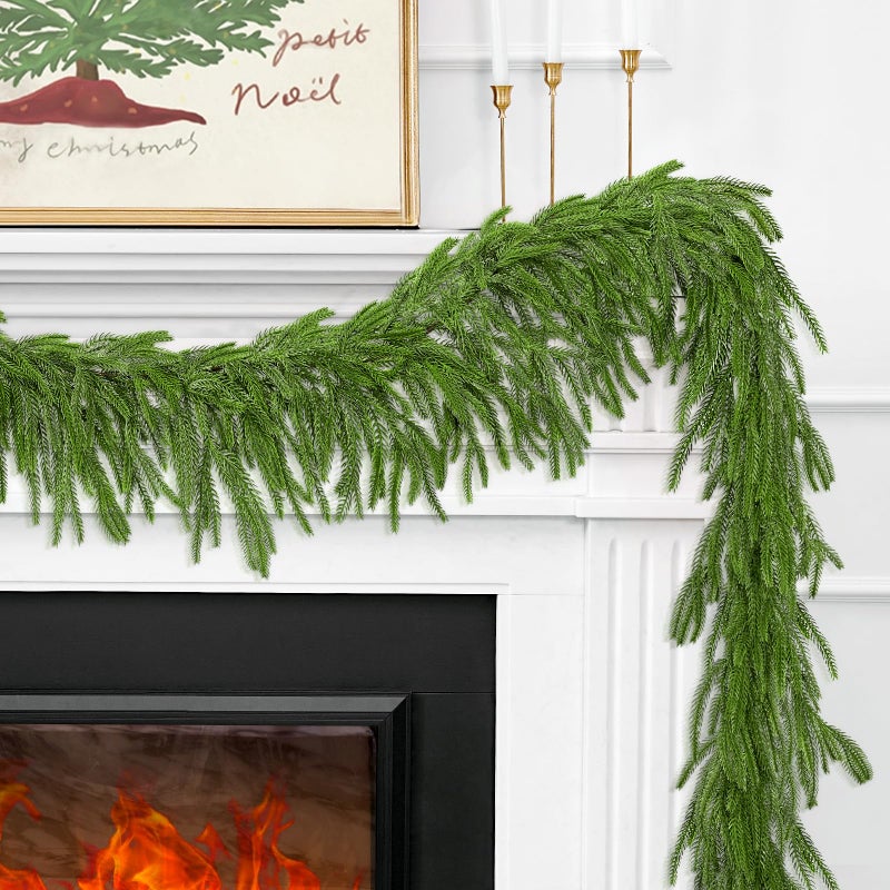 1Pcs 9FT Christmas Norfolk Pine GarlandRealistic Cedar Garland Artificial Pine Cypress VinesGreenery Garlands for Holiday Xmas Indoor Mantle Decor