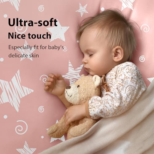 FIEMOL Baby Mini Crib Sheets Girl Portable 38x26 Pack and Play Sheets Fitted for Playard and Pack N Play Mattress 3Pack Soft Microfiber Pink Stars - Image 3