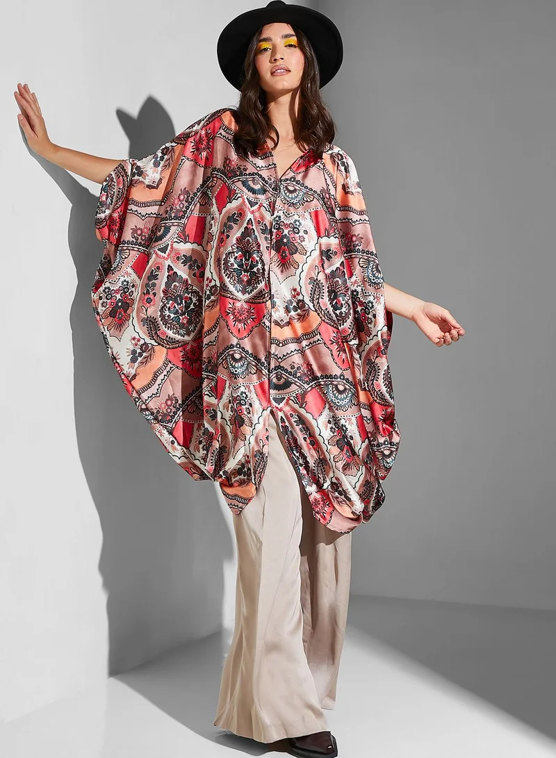 Namshi x Modanisa Floral Print Cape Sleeve High Low Abaya