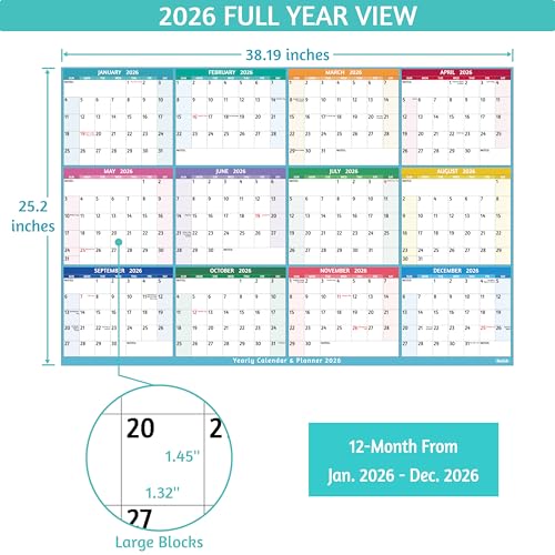 BowCuk Yearly Wall Calendar 2026 - Large Yearly Calendar 2026, Jan 2026 - Dec 2026, 25.2" x 38.2" (Open), 2026 Calendar, Large Wall Calendar 2026, Full Year Paper with Notes, Thicker Paper - Multi - Image 4