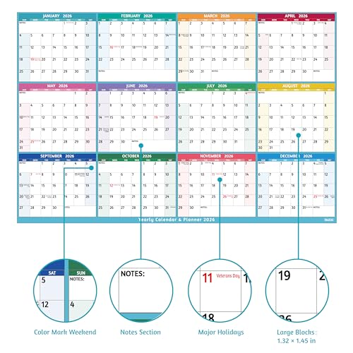 BowCuk Yearly Wall Calendar 2026 - Large Yearly Calendar 2026, Jan 2026 - Dec 2026, 25.2" x 38.2" (Open), 2026 Calendar, Large Wall Calendar 2026, Full Year Paper with Notes, Thicker Paper - Multi - Image 3