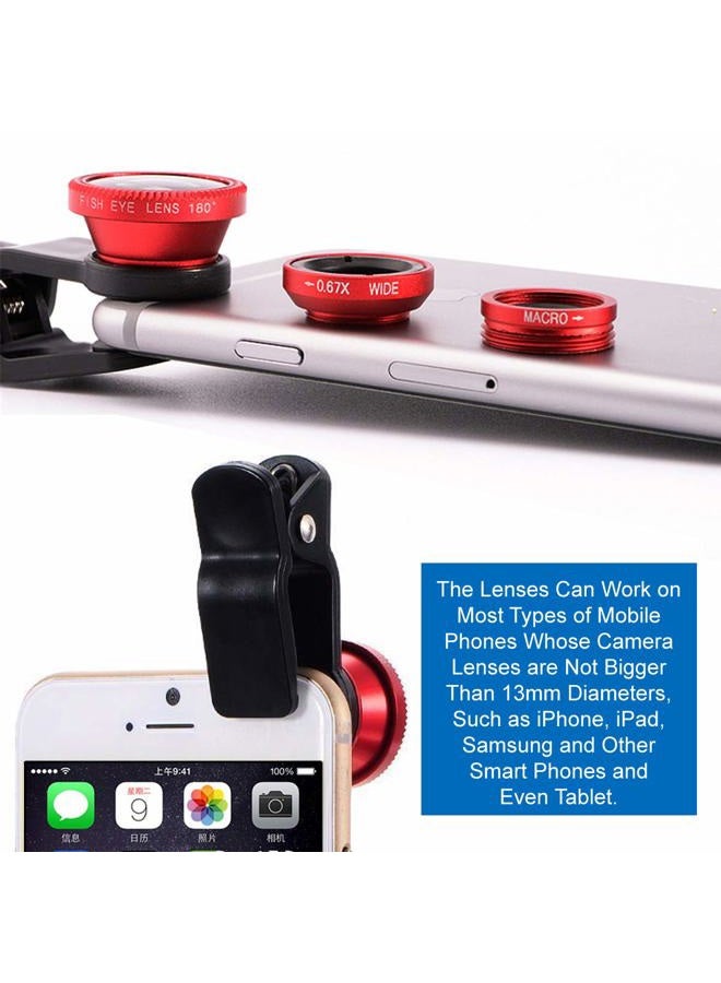 KingMas 3 in 1 Universal Fish Eye & Macro Clip Camera Lens Kit for iPad iPhone 7 6 5 Samsung BlackBerry HTC and Most Smartphones (Red) - Image 2