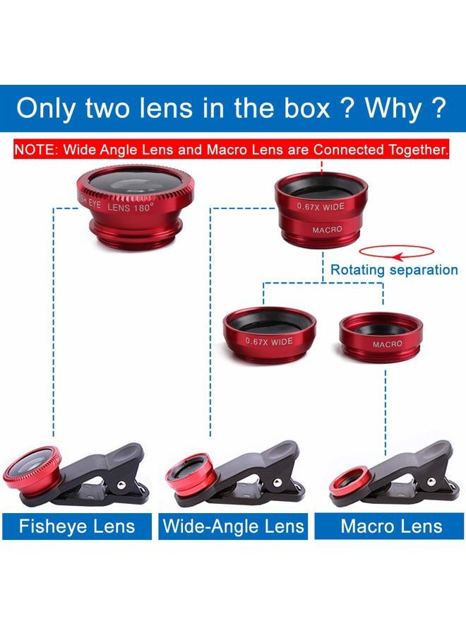 KingMas 3 in 1 Universal Fish Eye & Macro Clip Camera Lens Kit for iPad iPhone 7 6 5 Samsung BlackBerry HTC and Most Smartphones (Red) - Image 3
