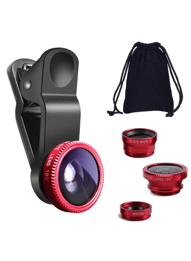KingMas 3 in 1 Universal Fish Eye & Macro Clip Camera Lens Kit for iPad iPhone 7 6 5 Samsung BlackBerry HTC and Most Smartphones (Red) - Image 1