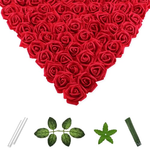 Vignor 100 Pcs 2 Inch Artificial Flowers Faux Foam Fake Rose Head Bulk for Home Decor Wedding Decoration Bridal Shower Wall Table Centerpiece Arrangement DIY Craft (Rose Cherry Red) - Image 1