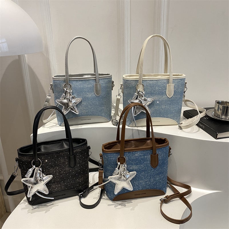 Vintage Denim Spliced PU Leather Mini Tote Handbag Dual Top Handles Detachable Adjustable Crossbody Strap Cute Star Pendant Decor Large Capacity Casual Shoulder Bag For Daily Shopping Vacation Outdoor Travel Weekend Errands & Street Style Outfits - Image 5