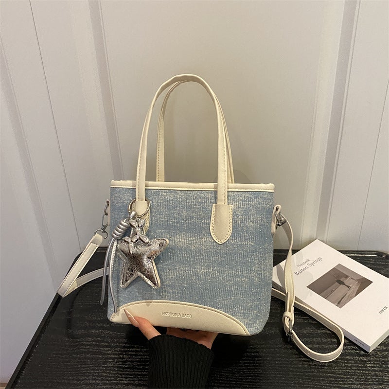 Vintage Denim Spliced PU Leather Mini Tote Handbag Dual Top Handles Detachable Adjustable Crossbody Strap Cute Star Pendant Decor Large Capacity Casual Shoulder Bag For Daily Shopping Vacation Outdoor Travel Weekend Errands & Street Style Outfits - Image 1