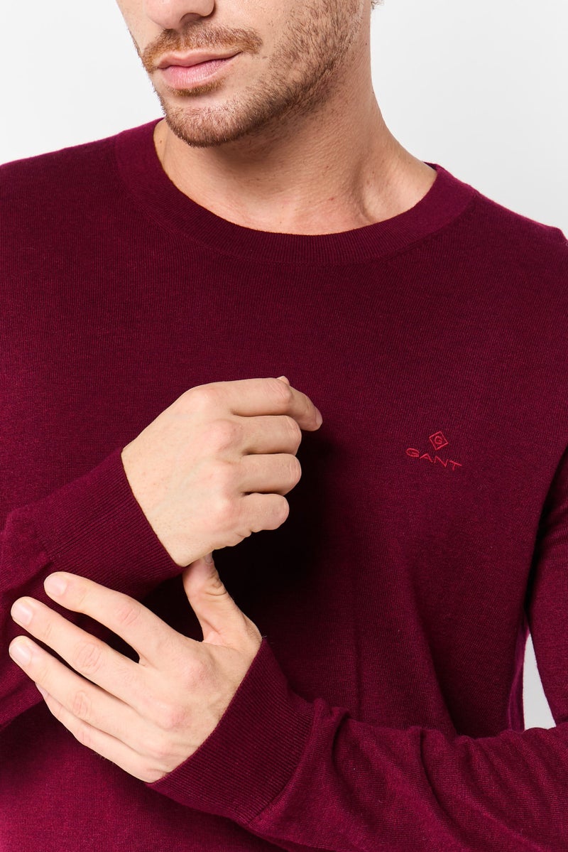 GANT Men Crew Neck Embroidered Logo Long Sleeve Sweater, Maroon - Image 3