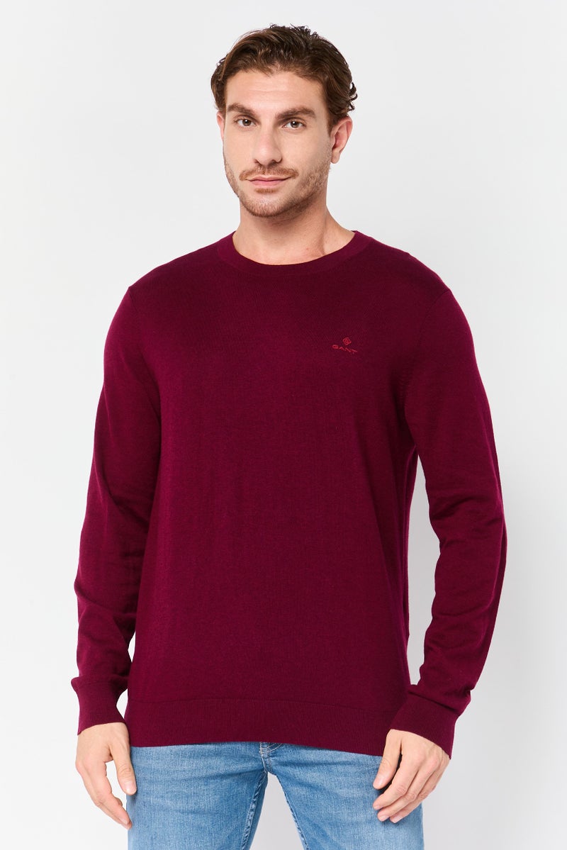 GANT Men Crew Neck Embroidered Logo Long Sleeve Sweater, Maroon - Image 1