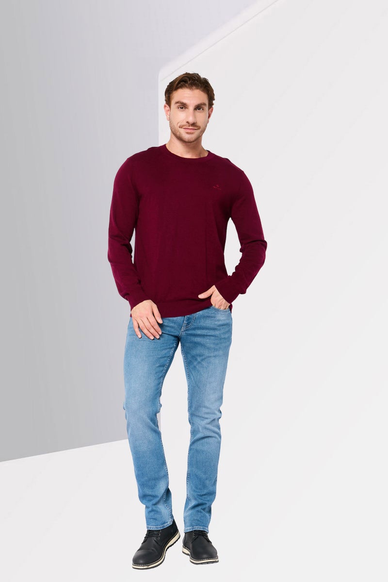 GANT Men Crew Neck Embroidered Logo Long Sleeve Sweater, Maroon - Image 2