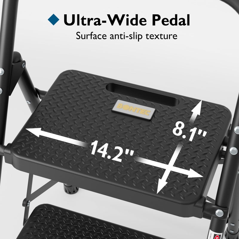 BONTEC 2-Step Ladder, Folding Step Stool, 600lbs Max Load Capacity, Sturdy Steel, Non-Slip Pedals, Lightweight, Portable Steel Ladder with Convenient Handrail, Safety Design for Home & Work, Black - Image 2