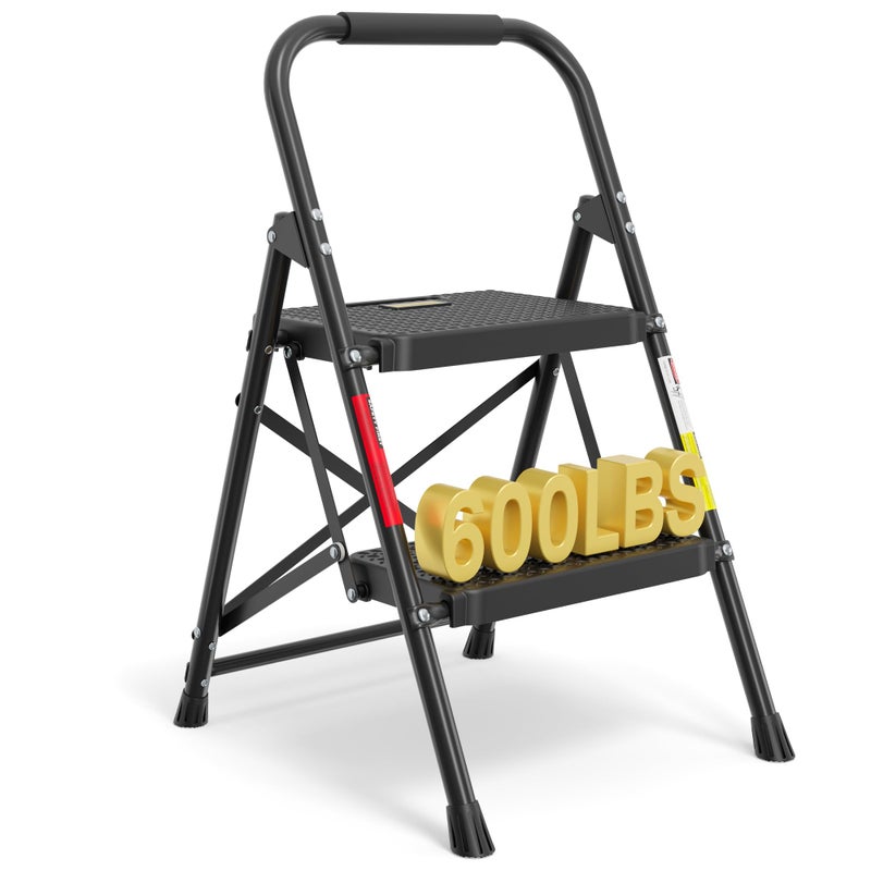 BONTEC 2-Step Ladder, Folding Step Stool, 600lbs Max Load Capacity, Sturdy Steel, Non-Slip Pedals, Lightweight, Portable Steel Ladder with Convenient Handrail, Safety Design for Home & Work, Black - Image 1