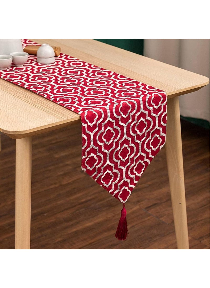 MileMelo Moroccan Style Linen Table Runner Cotton Linen Washable Heat Resistant Table Runners with Tassel for Kitchen Banquet Farmhouse Dining Table Red 32 x 180cm  - Image 2