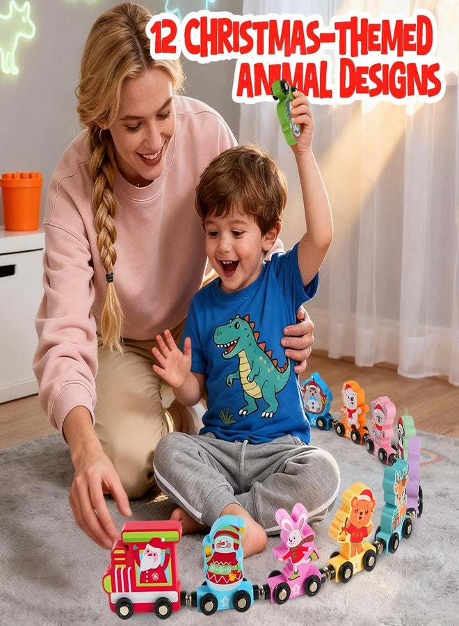 CUPLOOV Christmas Train Set for Toddlers, Magnetic Wooden Animals Train Set Sensory Toys for Kids Number Learning Activities, Montessori Animals and Color Learning Toys for Holiday Xmas Gifts - Image 2