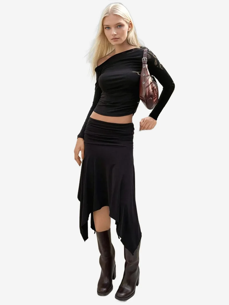 Draped Normal Waist Asymmetrical Flexible Midi Skirt