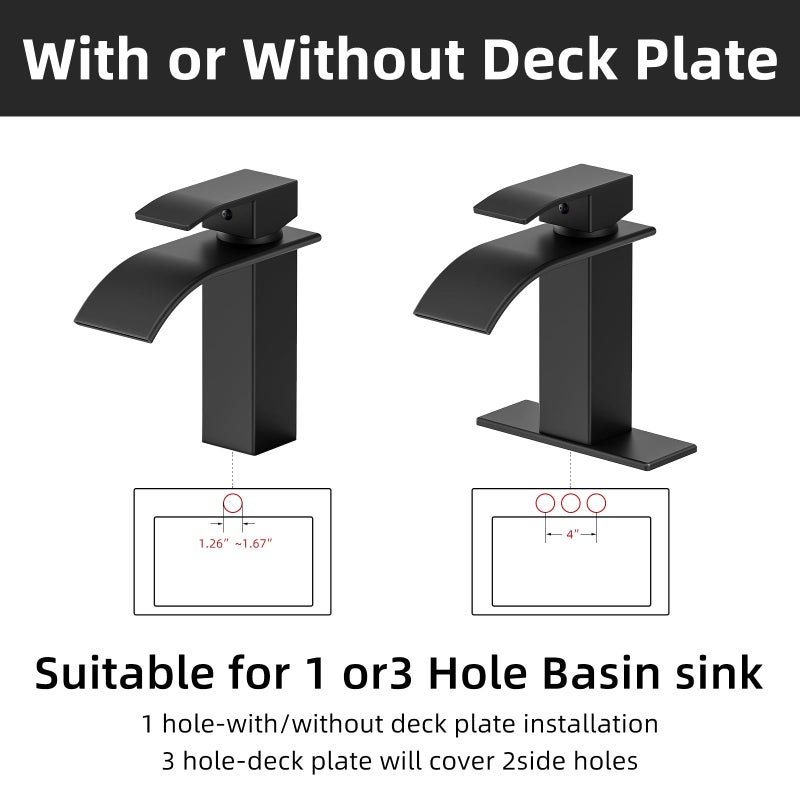 Ryuwanku Bathroom Faucet Matte Black Modern Waterfall Bathroom Sink Faucet with Single Handle Suitable for 1 or 3 Holes,Supply Deck Plate and Hose - Image 4