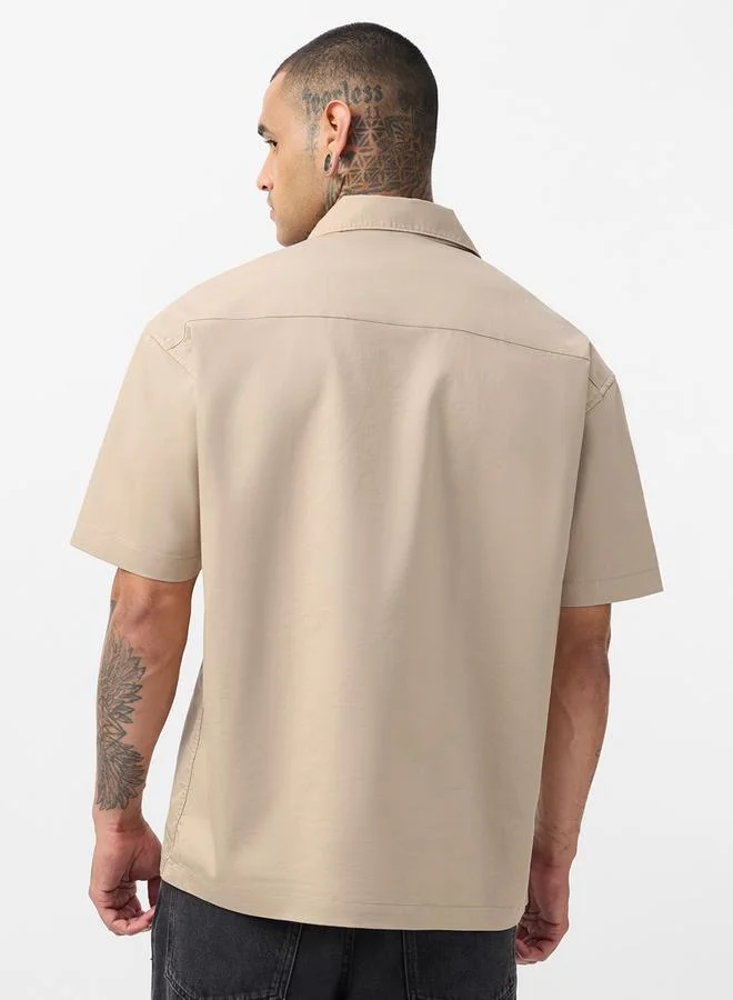 The Souled Store  Beige Collared Short Sleeve Zip-Up Shirt with Pocket Details for Men | Best Price UAE