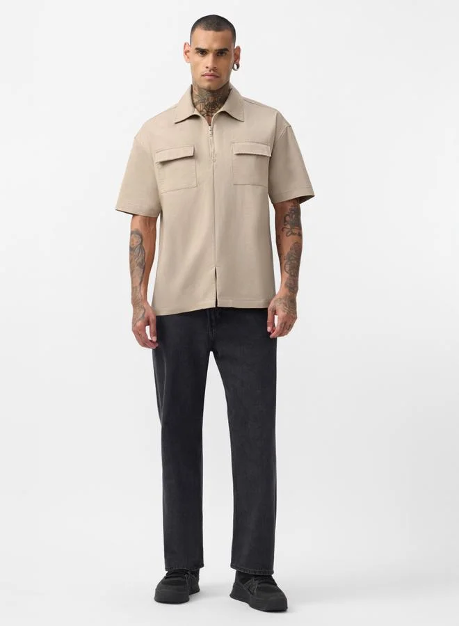 The Souled Store  Beige Collared Short Sleeve Zip-Up Shirt with Pocket Details for Men | Best Price UAE