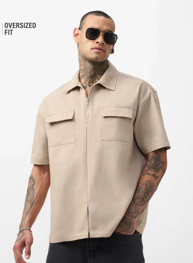 Beige Collared Short Sleeve Zip-Up Shirt with Pocket Details