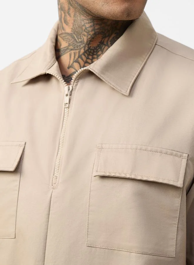 The Souled Store  Beige Collared Short Sleeve Zip-Up Shirt with Pocket Details for Men | Best Price UAE