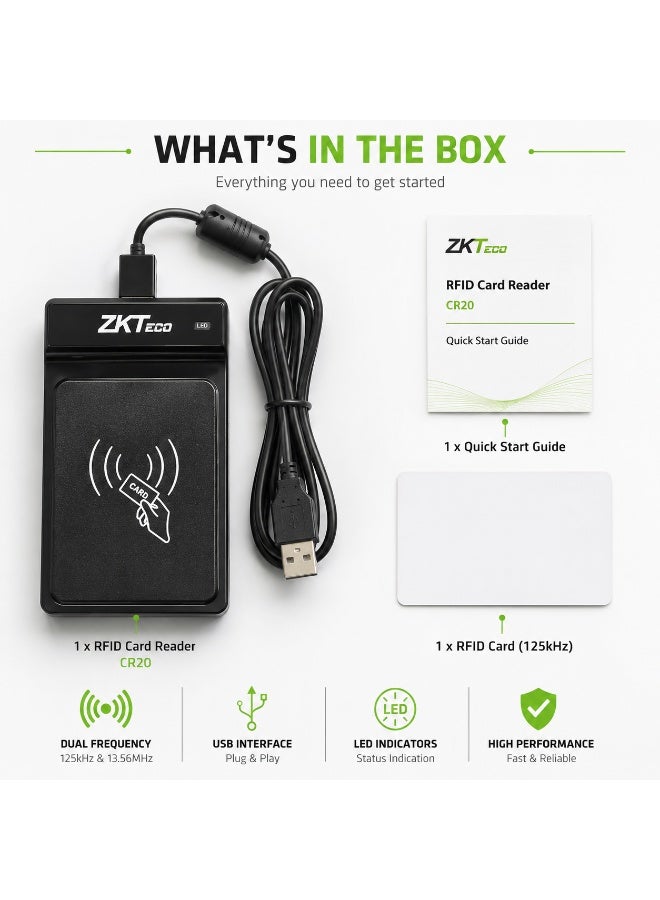 زد كيه تيكو قارئ بطاقات RFID ZKTeco CR20 – قارئ بطاقات ذكي مزدوج التردد عبر USB لأنظمة التحكم بالدخول والحضور والمصادقة الآمنة - Image 5