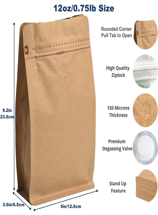 felipack 100 Count 12 Ounces Kraft Paper Coffee Bags - High Barrier Kraft & Foil Liner - Flat Bottom Coffee Pouches with Degassing Valve, Food Storage Bags with Rsealable Zipper & Easy Open Tape (100pcs, - Image 2