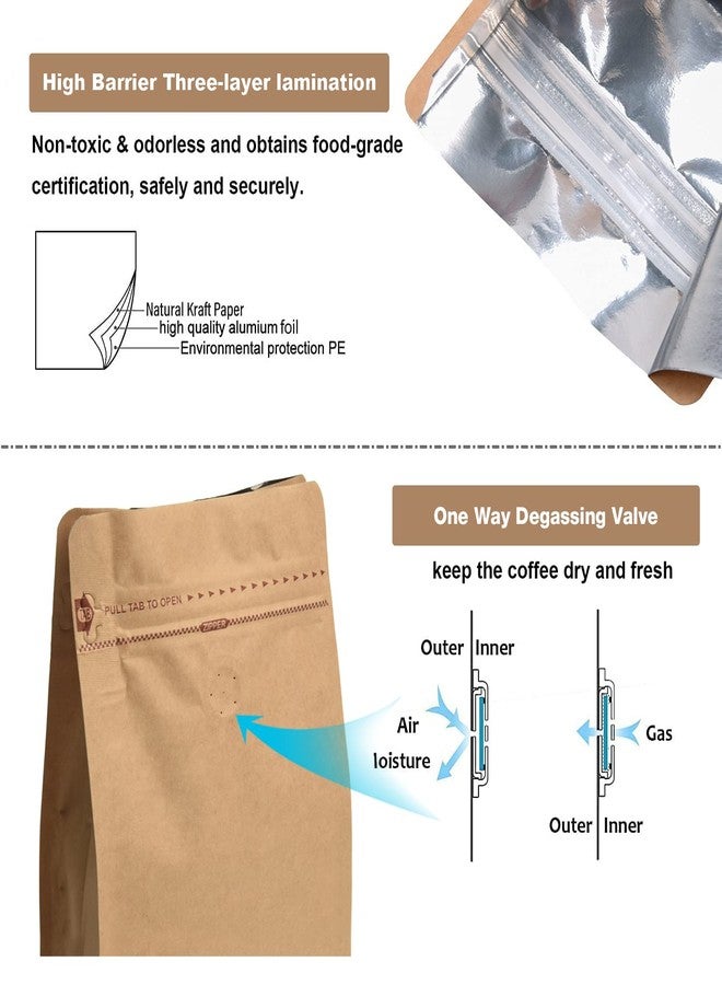 felipack 100 Count 12 Ounces Kraft Paper Coffee Bags - High Barrier Kraft & Foil Liner - Flat Bottom Coffee Pouches with Degassing Valve, Food Storage Bags with Rsealable Zipper & Easy Open Tape (100pcs, - Image 5