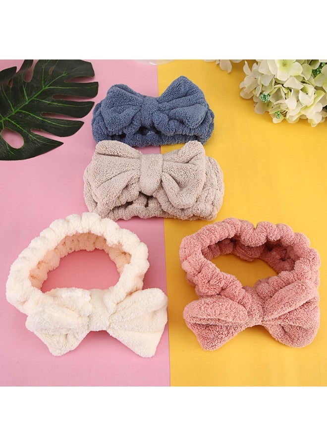Senkary 4 Pack Bow Makeup Headband Microfiber Spa Headbands Towel Headband Soft Puffy Washing Face Headband for Women Girls Shower Bath Skincare (White, Blue, Pink, Brown) - Image 4