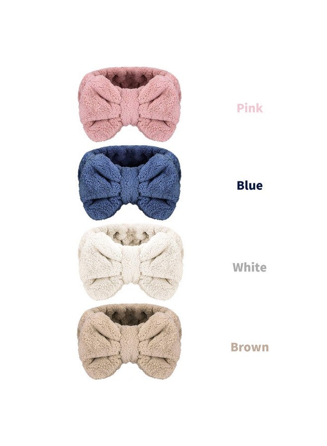 Senkary 4 Pack Bow Makeup Headband Microfiber Spa Headbands Towel Headband Soft Puffy Washing Face Headband for Women Girls Shower Bath Skincare (White, Blue, Pink, Brown) - Image 2