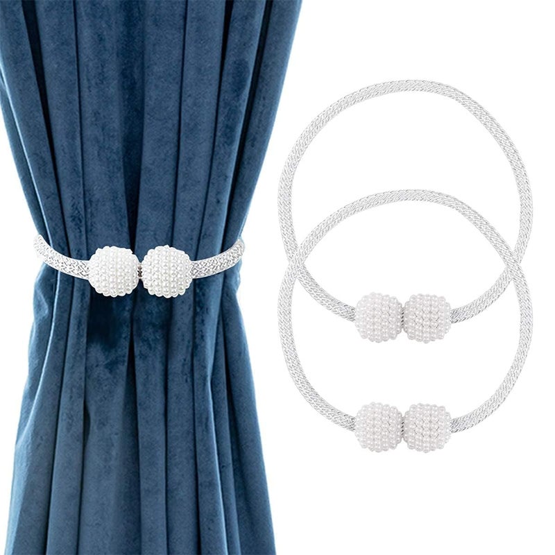 LAVNIK 1 Pair Beautiful Pearl Tie Back Magnetic Curtain Tiebacks Rope Hold Backs Classic Tiebacks Pearl Design SetDecorative Drape Tie Backs Rope Hold Back Holder for Window Draperies Pearl Shape - Image 1