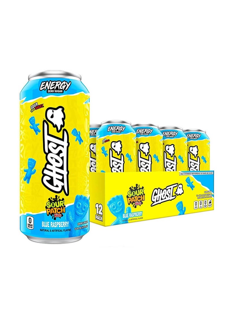 Ghost Energy Zero Sugar Sour Patch Kids, Blue Raspberry, 16 fl oz (473 ml), Pack of 12  - Image 1